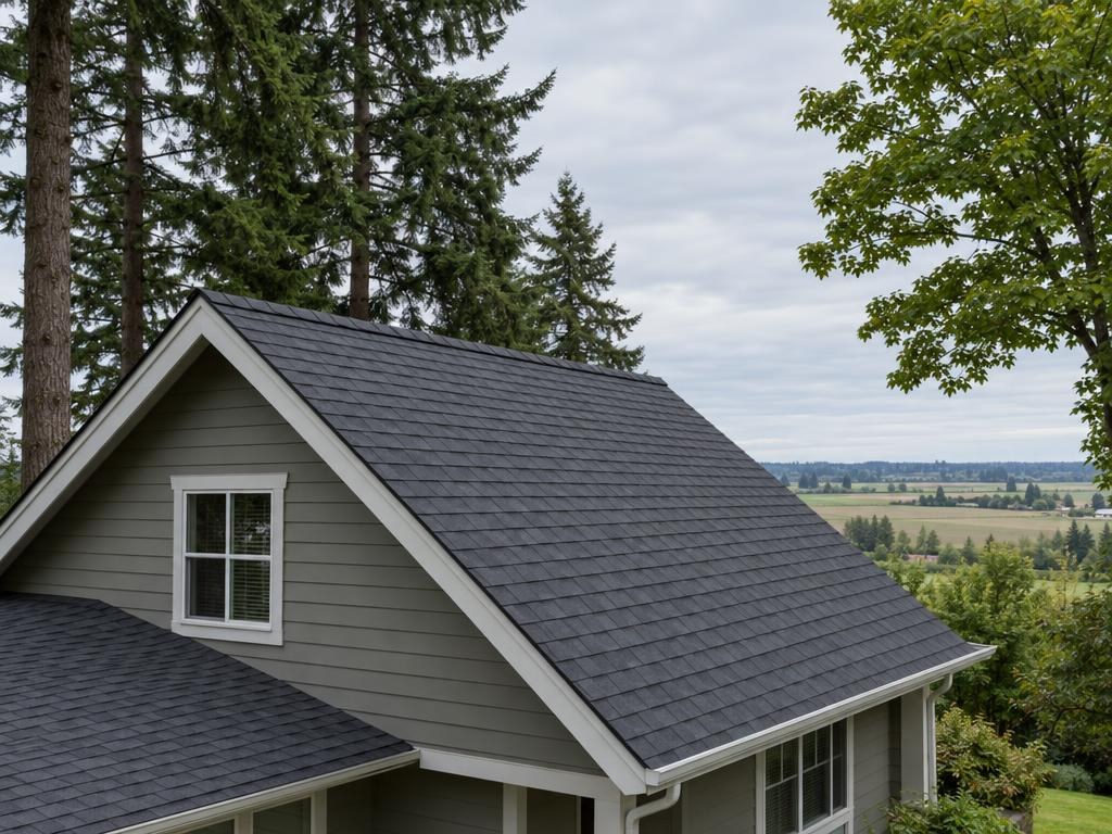 Clean charcoal shingle roof with trimmed trees nearby