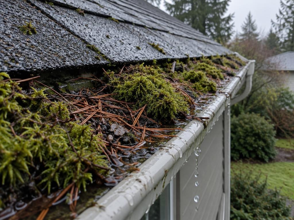 Rain gutter clogged with moss, wet conifer needles and shingle granules