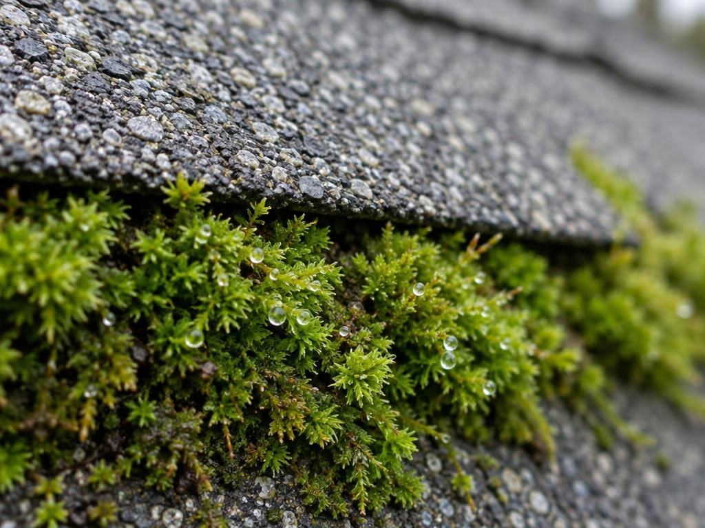 Close-up of green moss growing along the edge of gray asphalt shingles